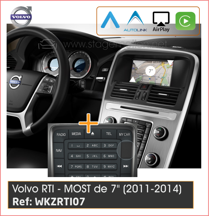 Kit Car-Play Wireless + Android Auto + USB + Cámaras Visión 180º Específico VOLVO Sensus RTI (7" MOST 2011-2014) *Sin tecla "Internet" bajo tecla "MY CAR"