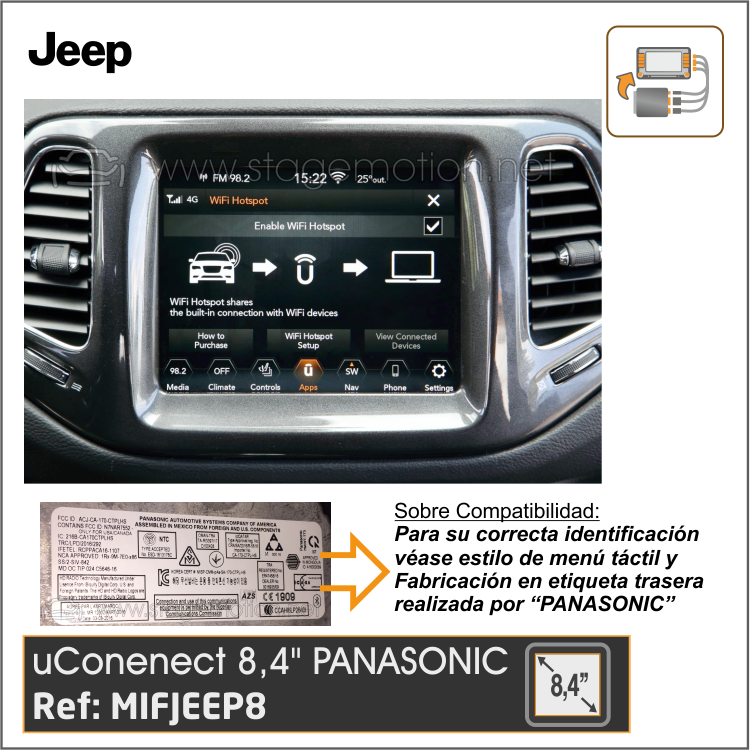 Interface Vídeo + Cámaras Visión JEEP Uconnect 8.4" (4C UAQ) - Panasonic radio y pantalla adosados