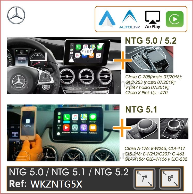 Kit MB NTG 5.0 / 5.1 / 5.2 (Audio20 7" y 8.4") Car-Play Wireless + Android Auto + Mirror-Link + USB-HDMI + Visión 180º