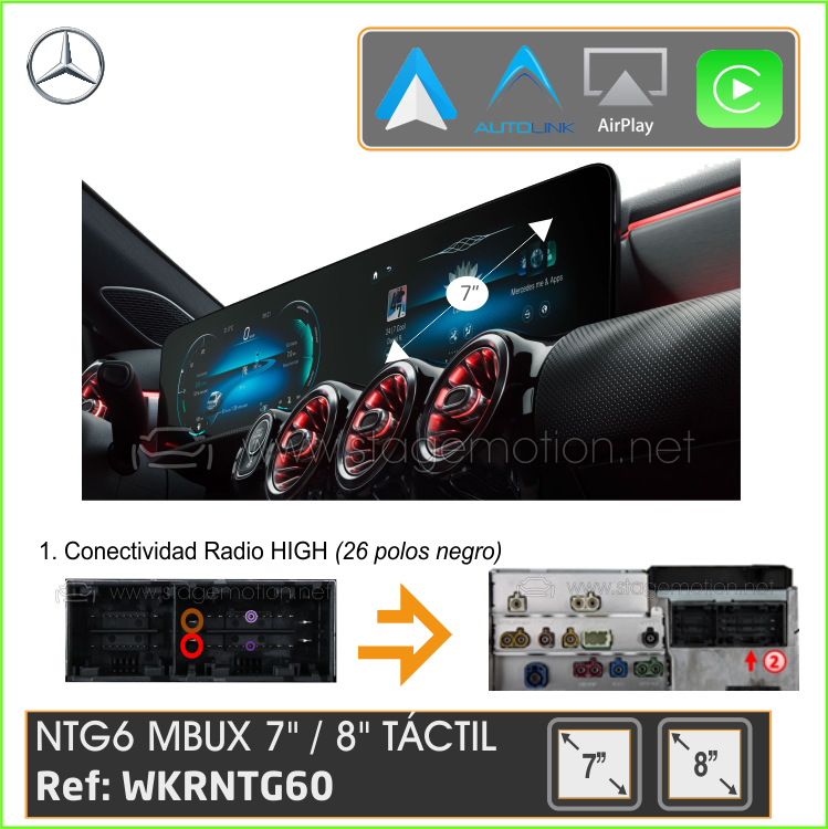 Kit Car-Play Wireless + Android Auto + USB Multimedia Mercedes MBUX NTG6 (Pantalla 7" Táctil 26-Polos)