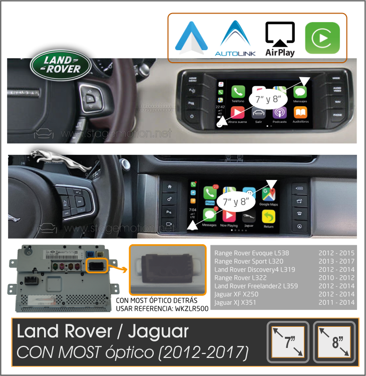 Kit Car-Play Wireless + AndroidAuto + USB LandRover/Jaguar (Versiones III y IV 7"/8") MOST (2011-2019) Versión All-In-One