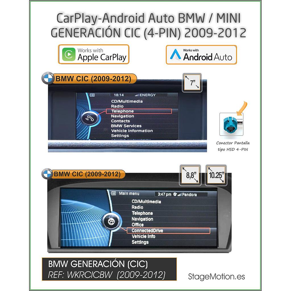 Kit Wireless Car-Play Wireless + Android Auto Wireless + Reproductor USB + Puertos Cámaras Visión BMW CIC (2009-2012)