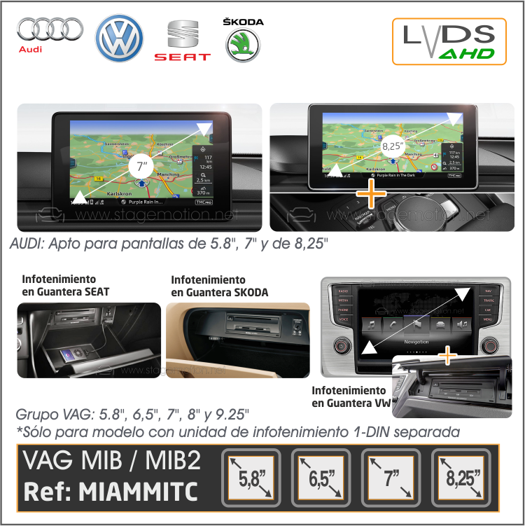Interface AHD Cámaras Visión + Video AUX Audi/VW/SEAT/SKODA MIB/MIB2 con 5,8"/6,5"/7''/8''/8,25"/9.2"