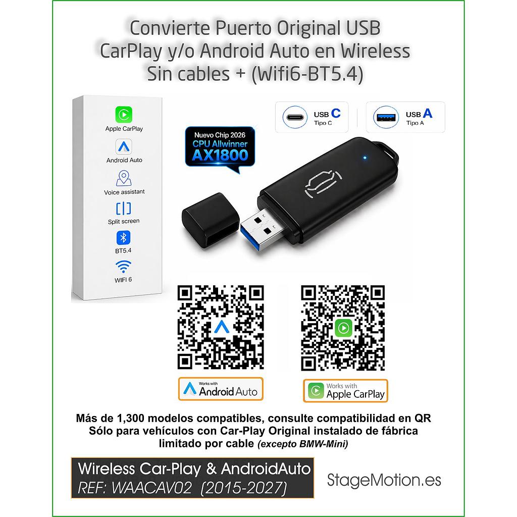 Adaptador USB a Wireless Car-Play &amp; AndroidAuto (Wifi6-BT5.4)