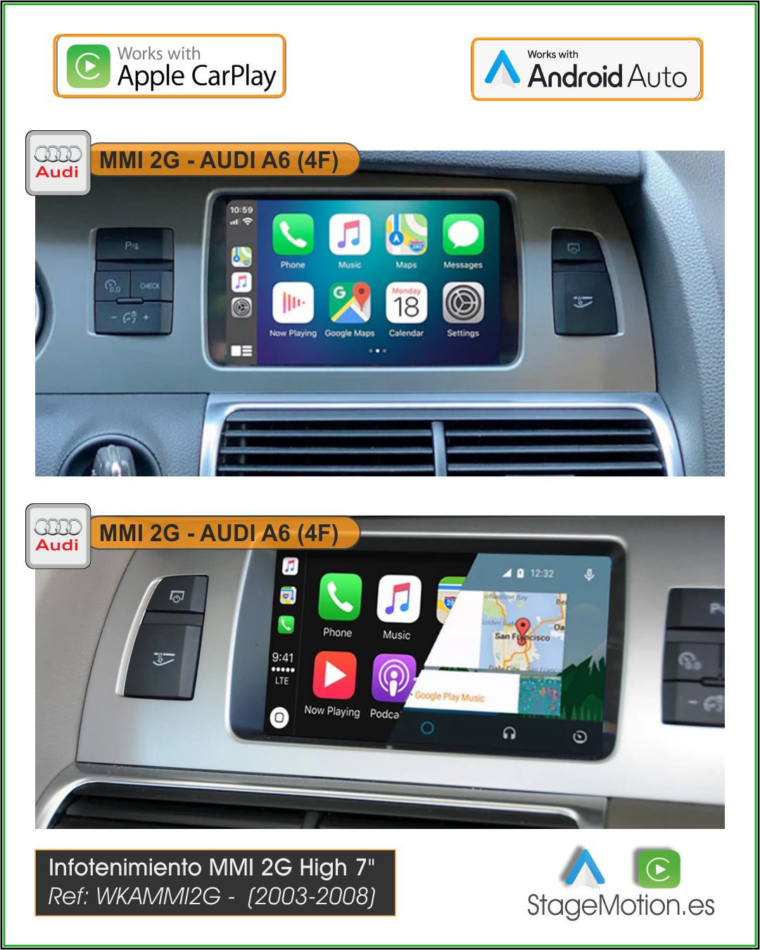 Kit Car-Play + Android-Auto + Mirror-Link + Visión 180º + USB Media Específico Audi MMI 2G (2003-2008)