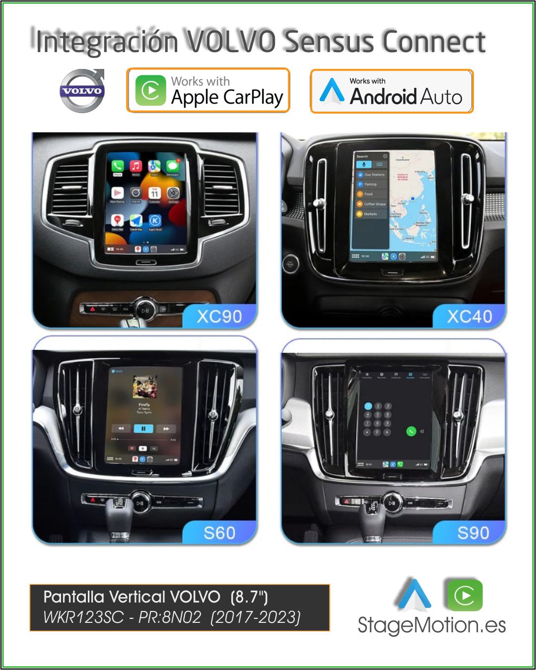 Kit Car-Play/Android Wireless + USB + Cámaras Visión 180º VOLVO PR: 8N02 (Pantalla Vertical 8.7")