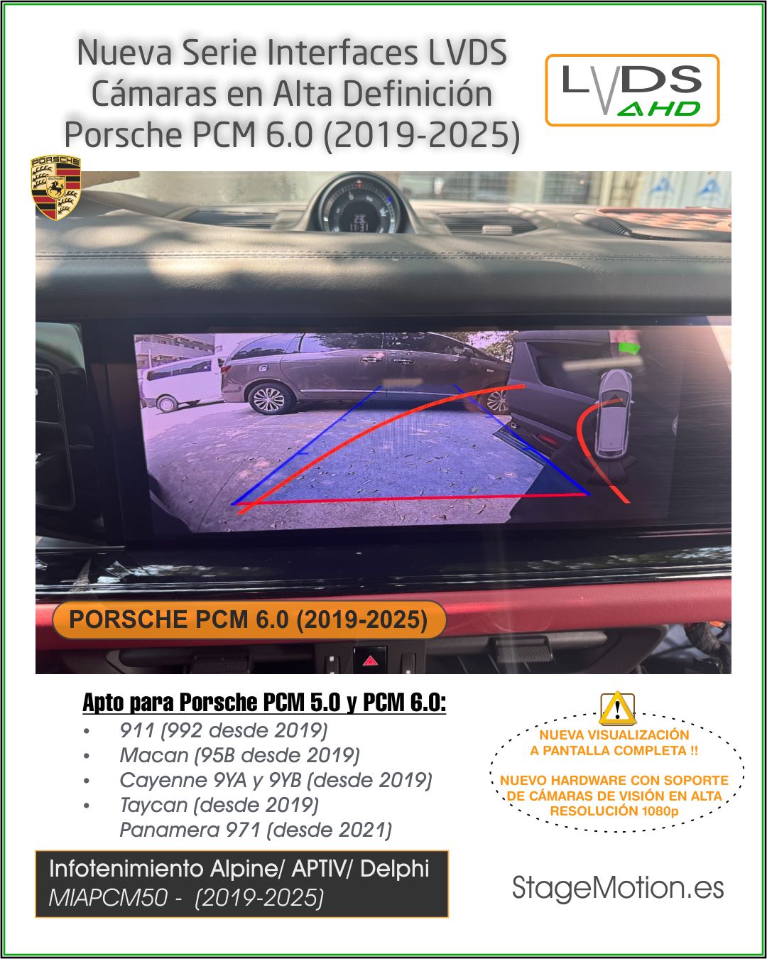 Interfaz AHD Cámaras y Vídeo AUX Porsche PCM 5.0 / PCM 6.0 / AUDI MIB3 de 10.1"/12.3" (desde 2018)