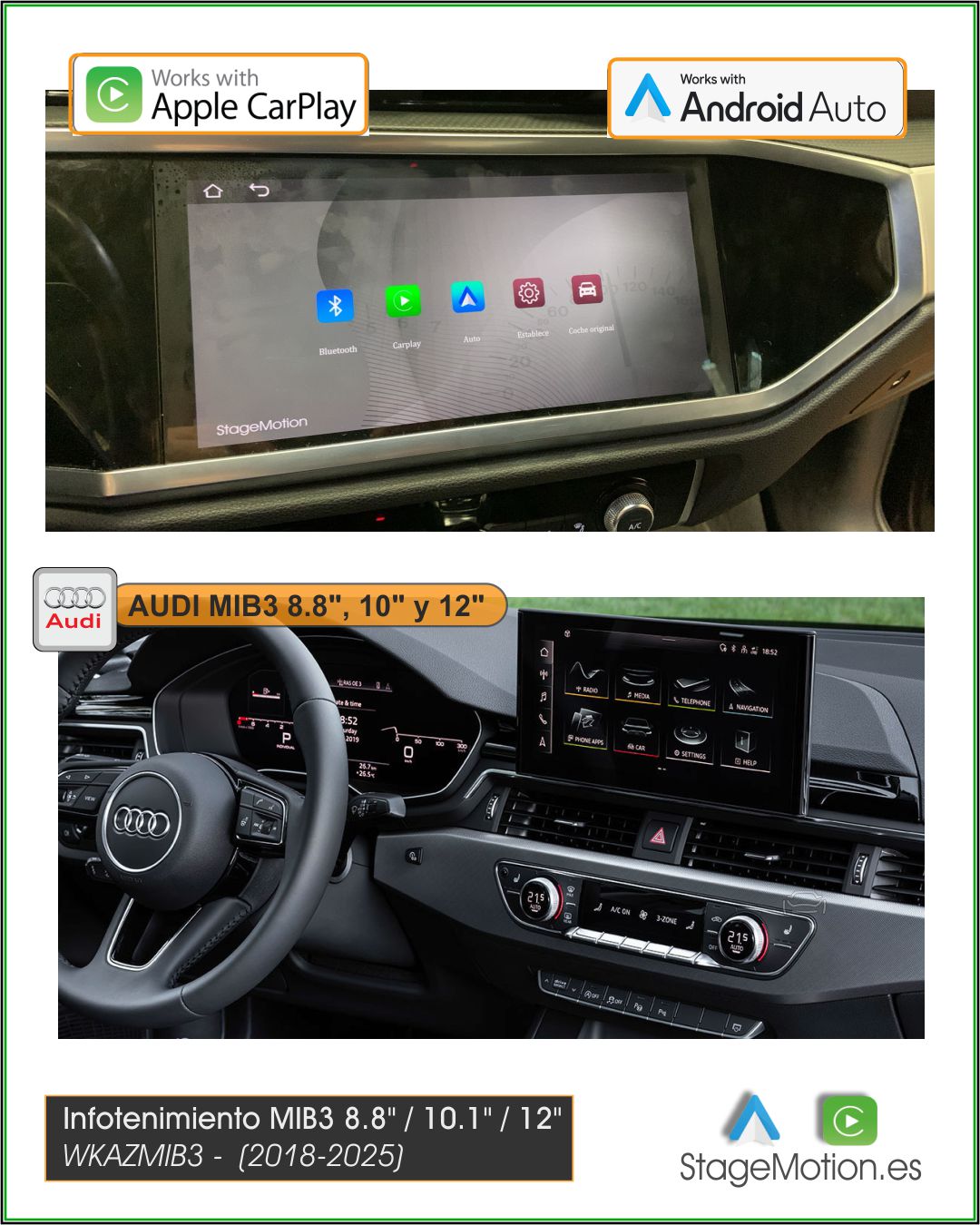 Kit Wireless Car-Play + Android Auto + Visión AHD MIB2P/MIB3/STD2 Audi 8.8"/10,1"/12" Táctil (2018-2025)