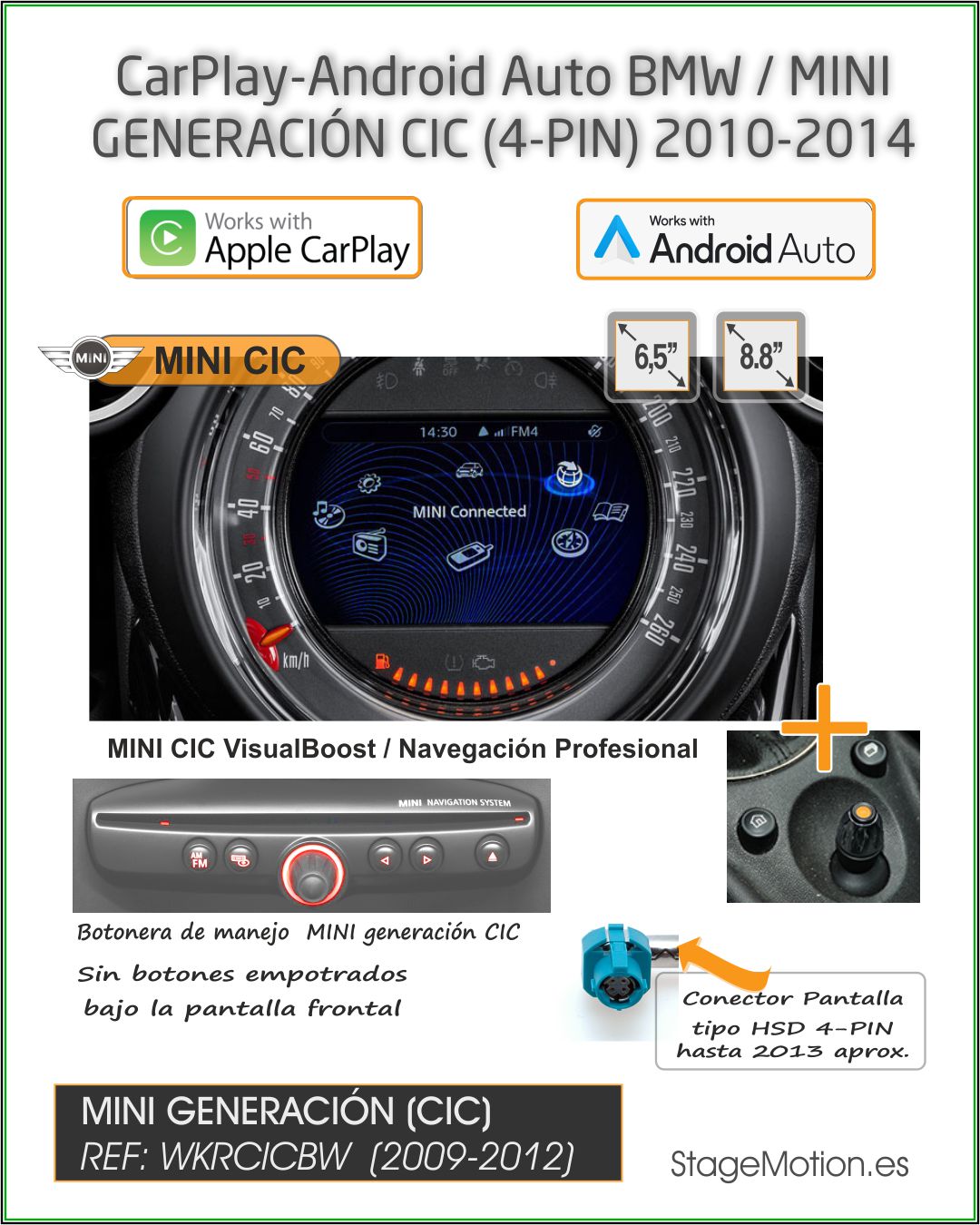 Kit Wireless Car-Play + Android Auto + Reproductor USB + Puertos Cámaras Visión para BMW CCC 6,5"/8" (2004-2008)