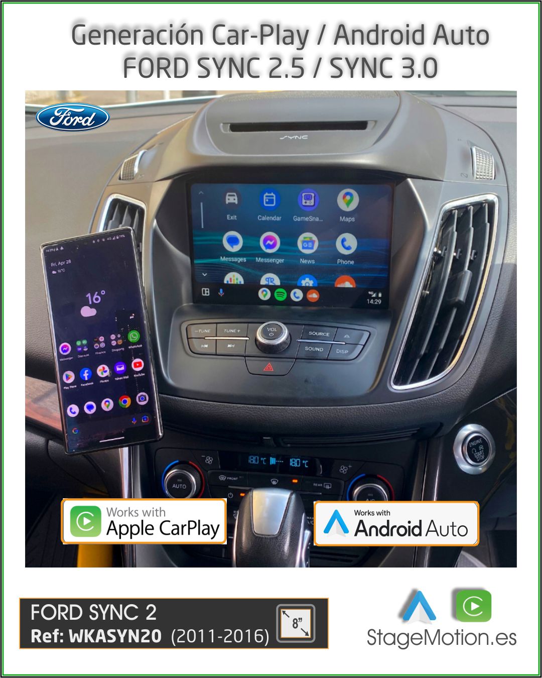 Kit FORD SYNC2 Car-Play + Android Auto + Reproductor USB + Cámaras Visión