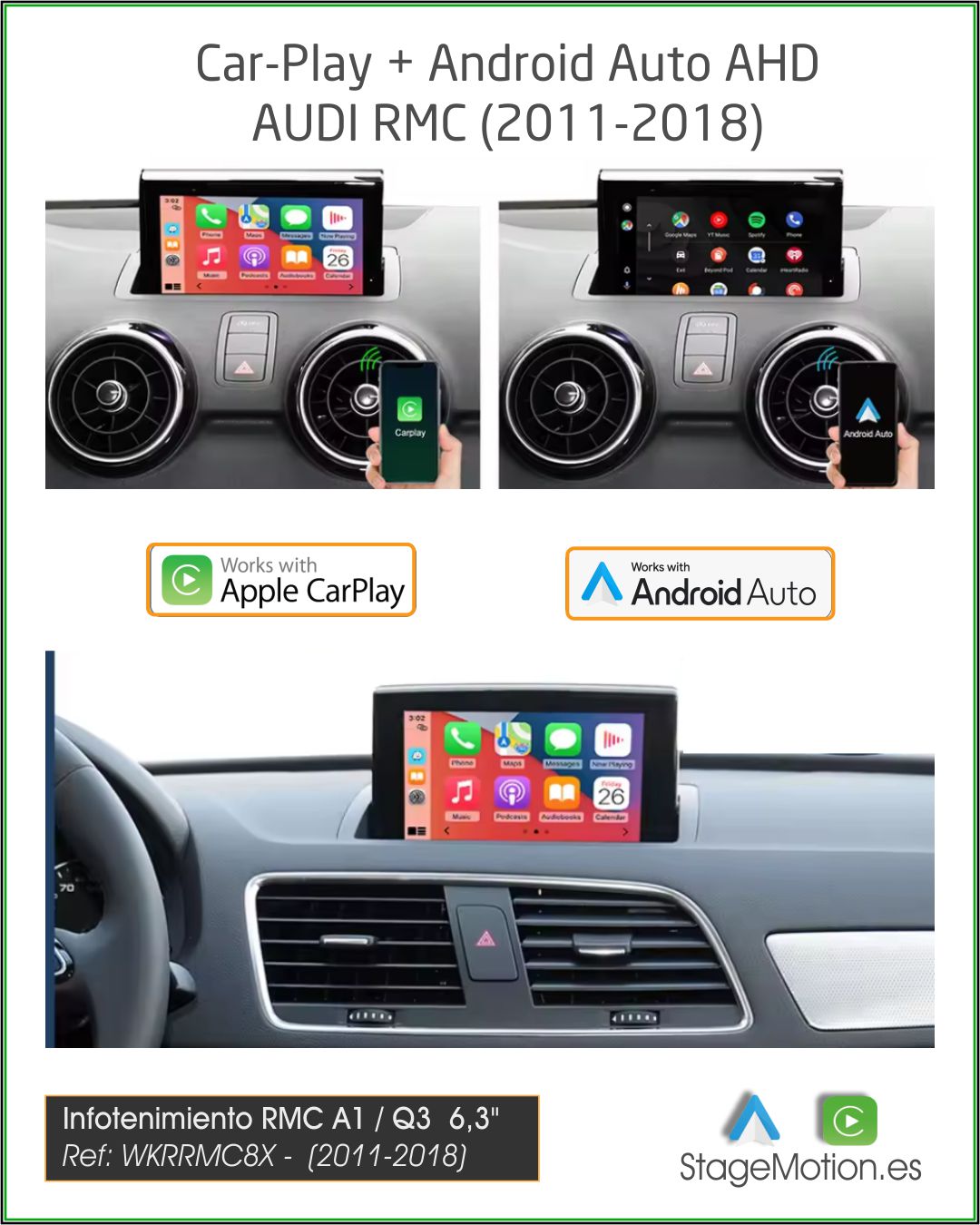Kit Plus RMC LOW Audi A1(8X)/Q3(8U) Car-Play/AndroidAuto Wireless + Mirror-Link + USB + Visión 180º