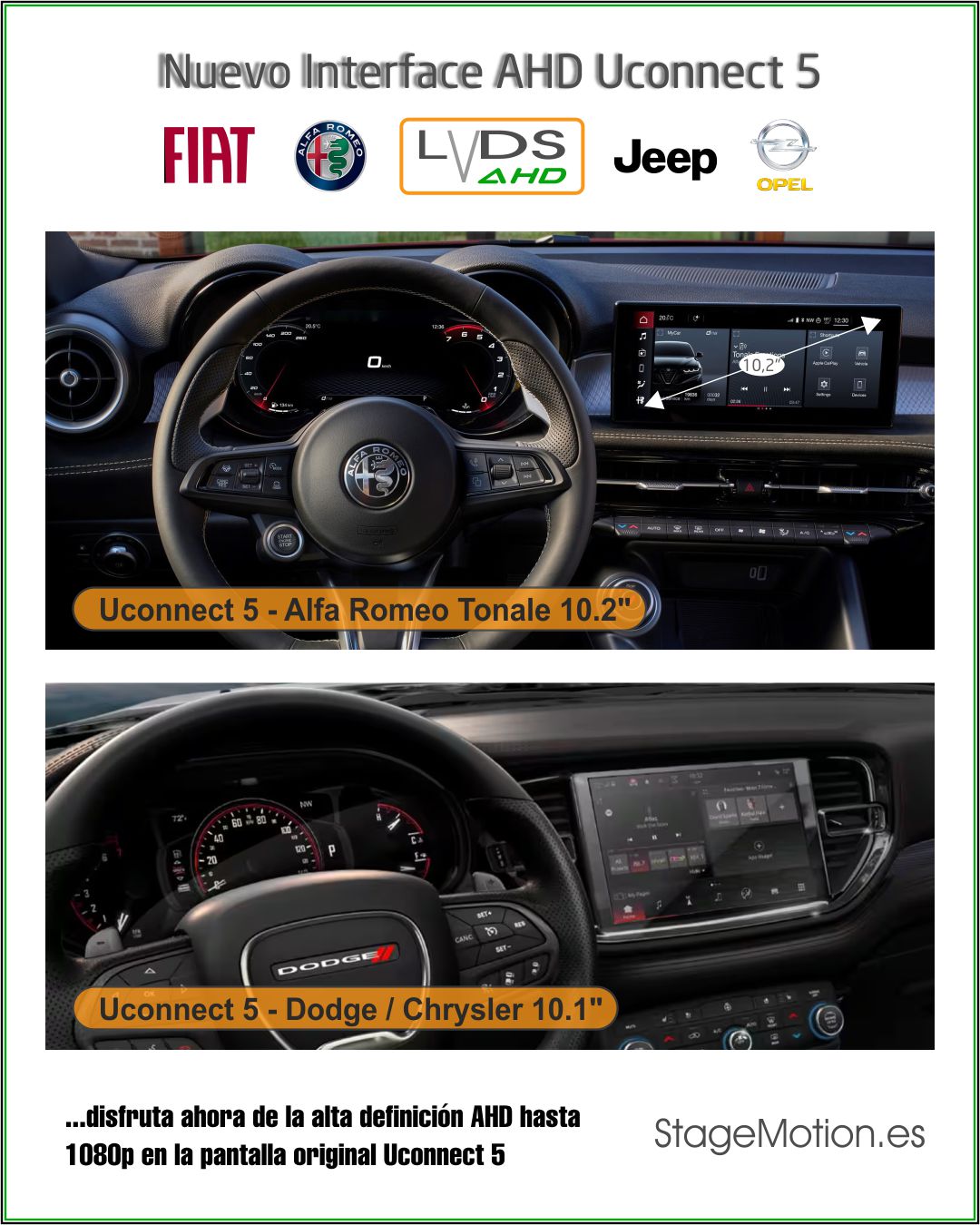 Interface AHD Vídeo Uconnect5 7"7/10.1"/12.3" (Pantalla Separada R1 EXT ER) FIAT/Jeep/AlfaRomeo