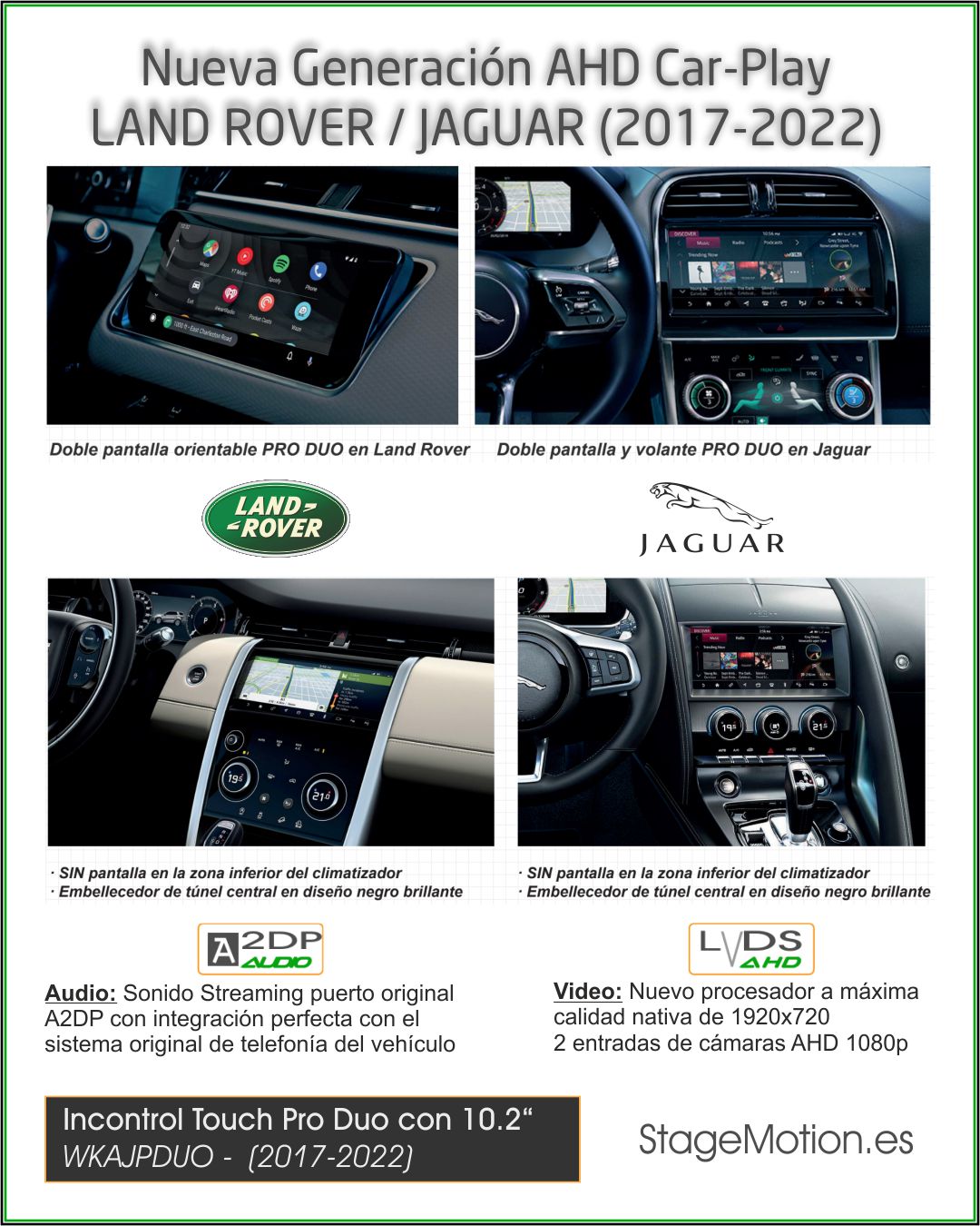 Kit Car-Play Wireless + AndroidAuto + AHD LandRover/Jaguar (InTouch PRO DUO 10,2" (2017-2021)
