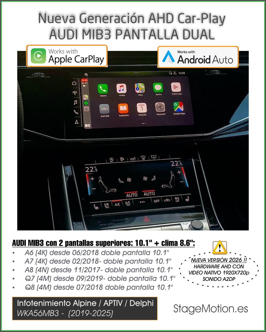 Kit Wireless Car-Play + Android Auto + Visión AHD PORSCHE AUDI (MIB3) & PCM 5.0/6.0 (2018-2025)